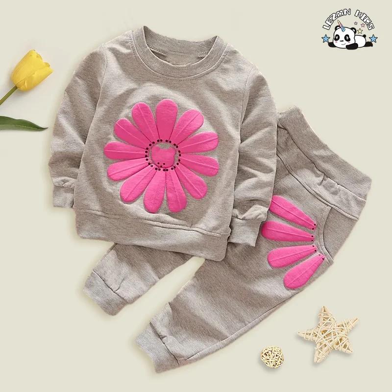 LEZONKIDS - Spring cotton sunflower print 2 pieces of children's baby suit wholesale children's boutique clothes for girls